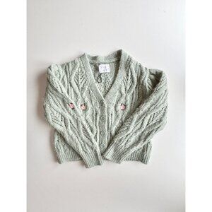 Girls' ZARA Light Green Cable Knit Embroidered Cardigan Sweater, Size 11-12